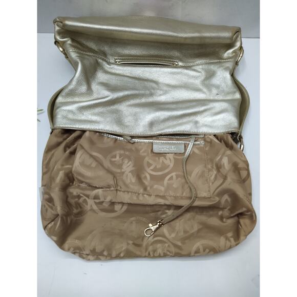 Michael Kors Fulton Metalic Gold Pebbled Leather Buckle Pocket Hobo Shoulder Bag - Picture 12 of 16